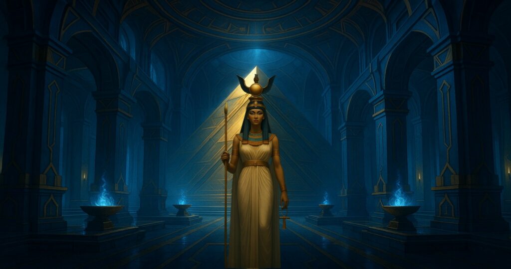 Représentation sacrée de la déesse Isis dans un temple lumineux, symbole de puissance féminine, de sagesse intérieure et d'éveil spirituel – Cercle Isis du site Côté Zen