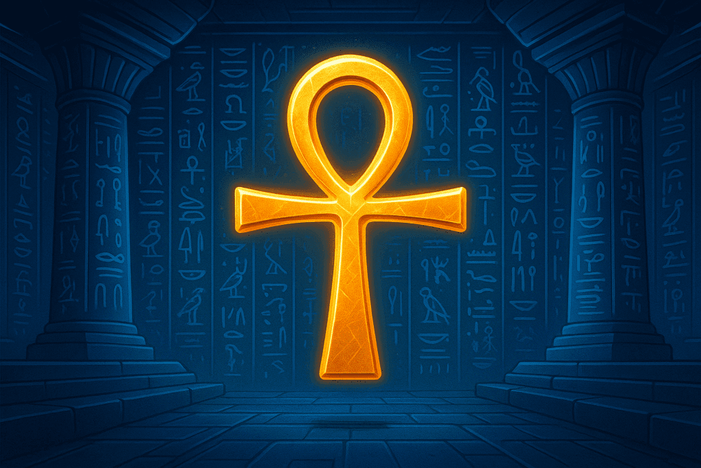Clé de vie égyptienne Ankh dorée illuminée dans un temple sacré, symbole de vie éternelle, de conscience spirituelle et d’activation énergétique – Côté Zen